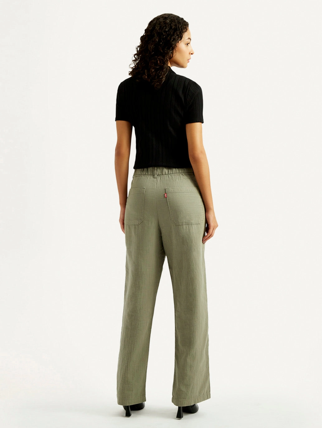 Flexible Gusset Women's Olive Green Loose Fit Mid Rise Trousers