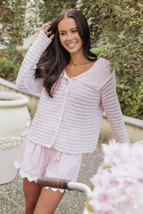 Lyra Large Collar Cardigan - Pale Pink FourWay Stretch Fabric