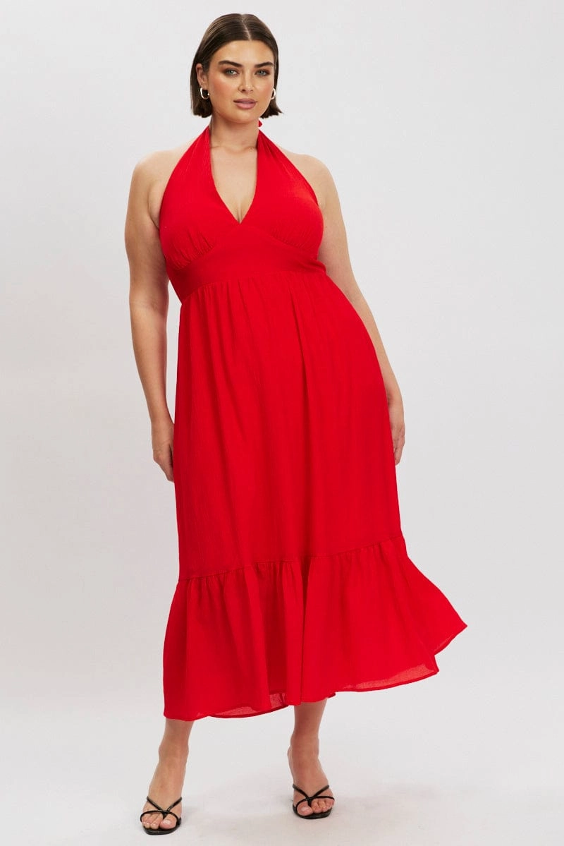 Red Halter Neck Dress Sleeveless Textured Soft Structure
