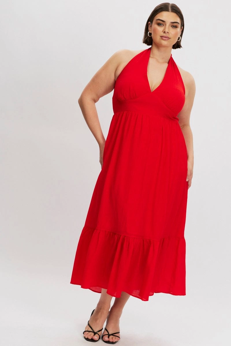 Body Confidence Trendy Wearable Red Halter Neck Dress Sleeveless Textured