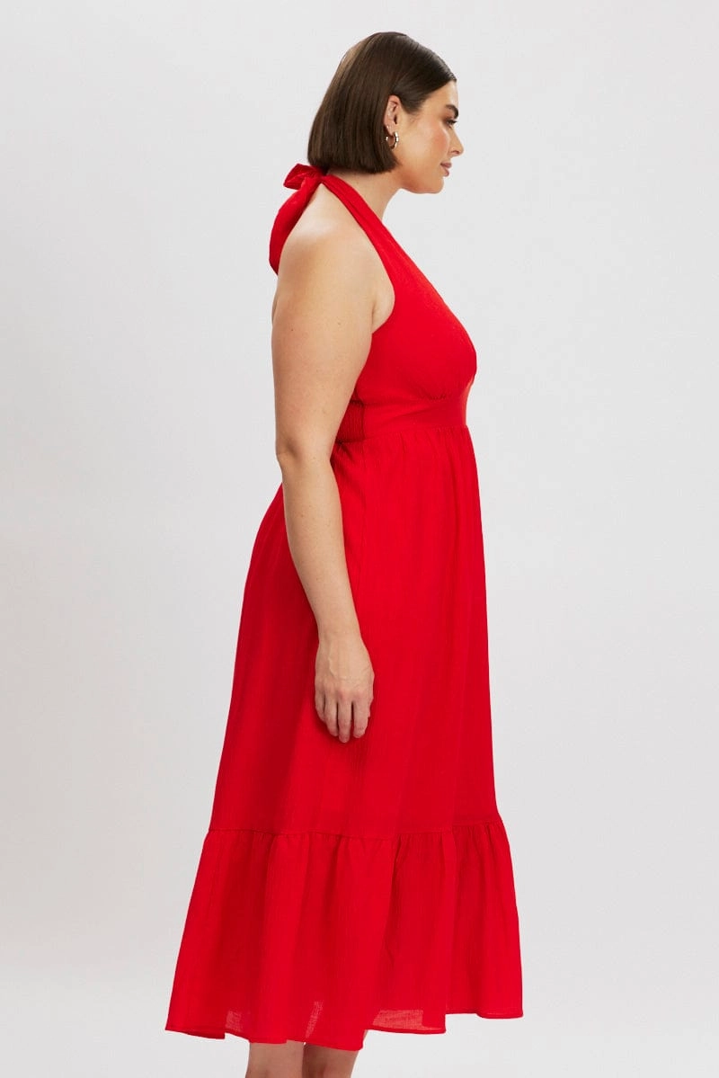 Stretchable Sheer Layer Red Halter Neck Dress Sleeveless Textured