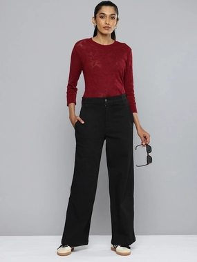 Women's Redloop Black Ribcage Bell Bottom Wide Leg Fit High Rise Jeans Everyday Basic Go-to Comfort