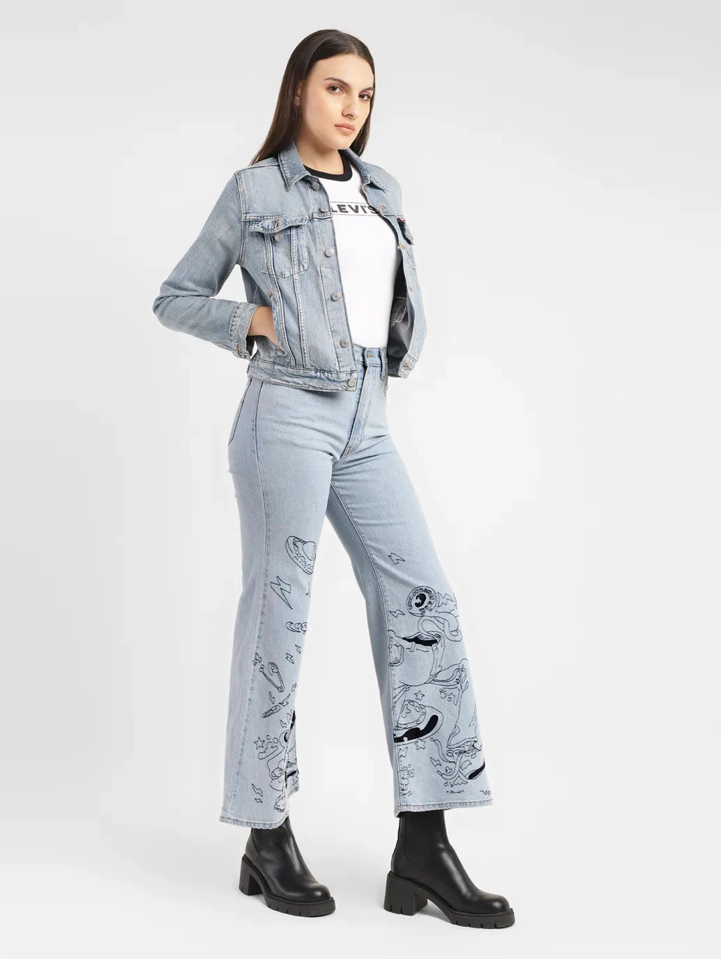 Stretch Soft Women's Blue Ribcage Bell Bottom Wide Leg Fit High Rise Jeans