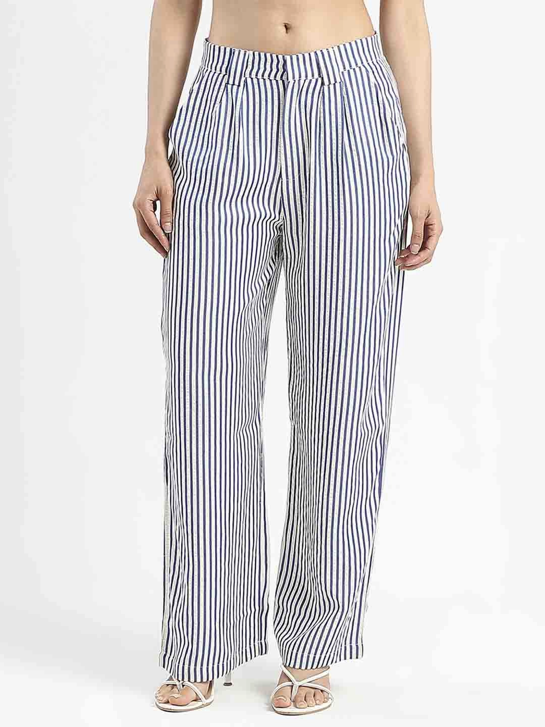 Trendy Look Madame Striped Wide Leg Viscose Blend Navy Blue Trousers