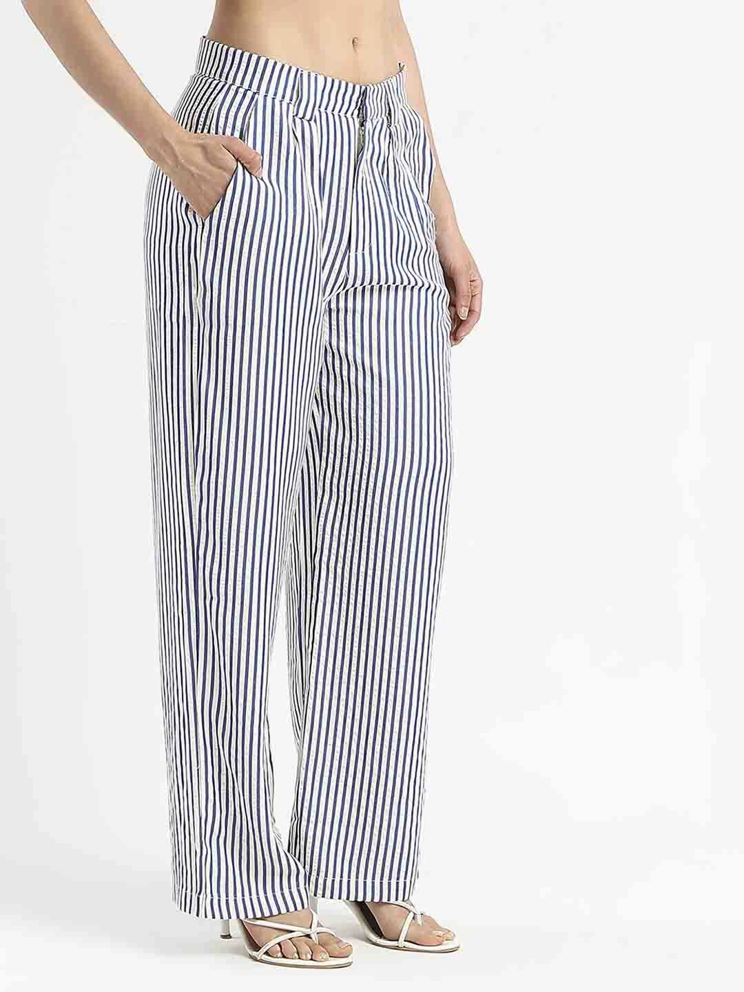 Madame Striped Wide Leg Viscose Blend Navy Blue Trousers Contoured Panel Design
