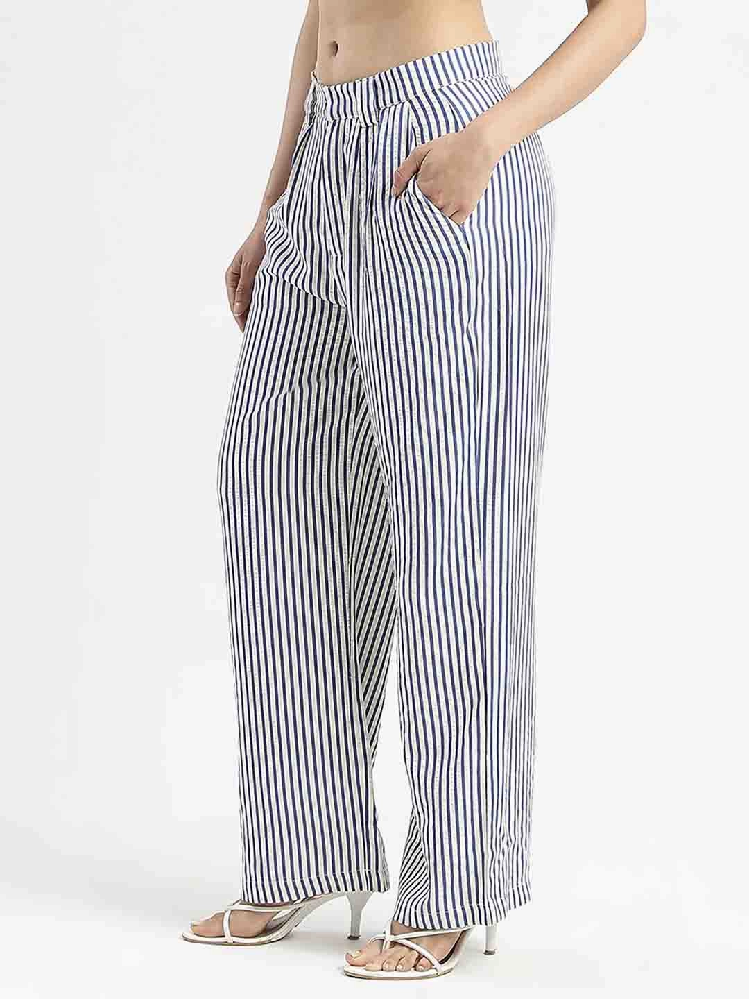 Chilly Weather Comfort Madame Striped Wide Leg Viscose Blend Navy Blue Trousers