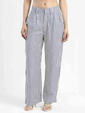 Trendy Look Madame Striped Wide Leg Viscose Blend Navy Blue Trousers