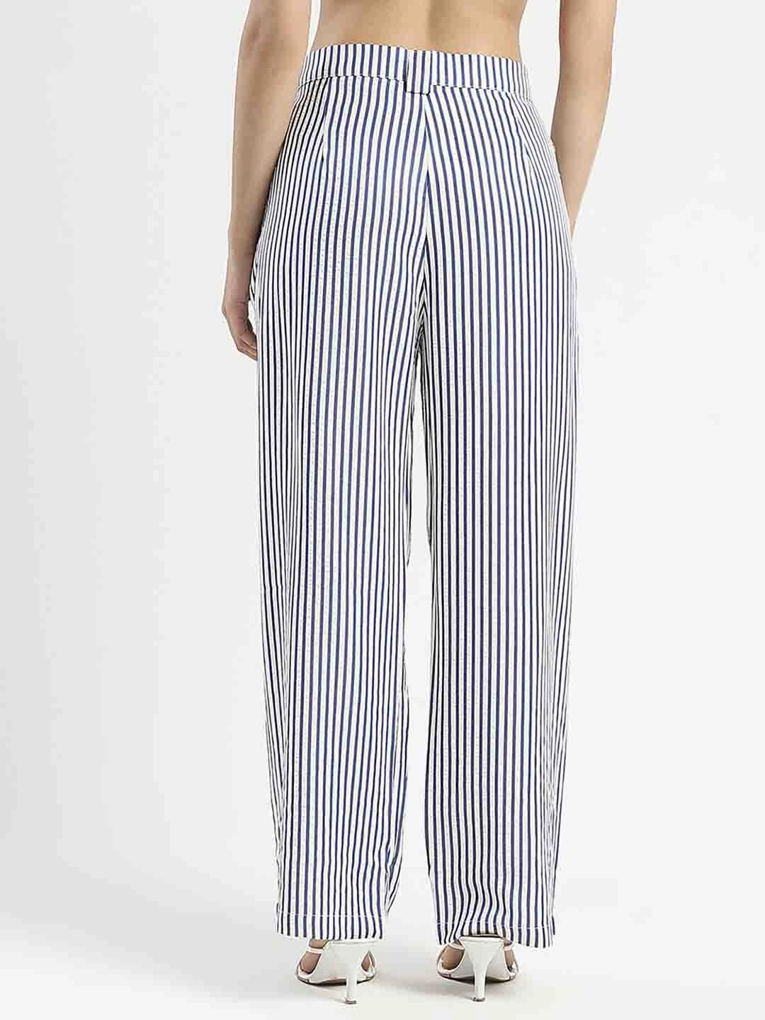 Secure Waistband Madame Striped Wide Leg Viscose Blend Navy Blue Trousers