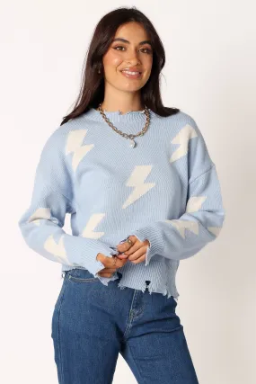 Lightning Bolt Printed Fray Detail Knit Sweater - Light Blue Daily Style