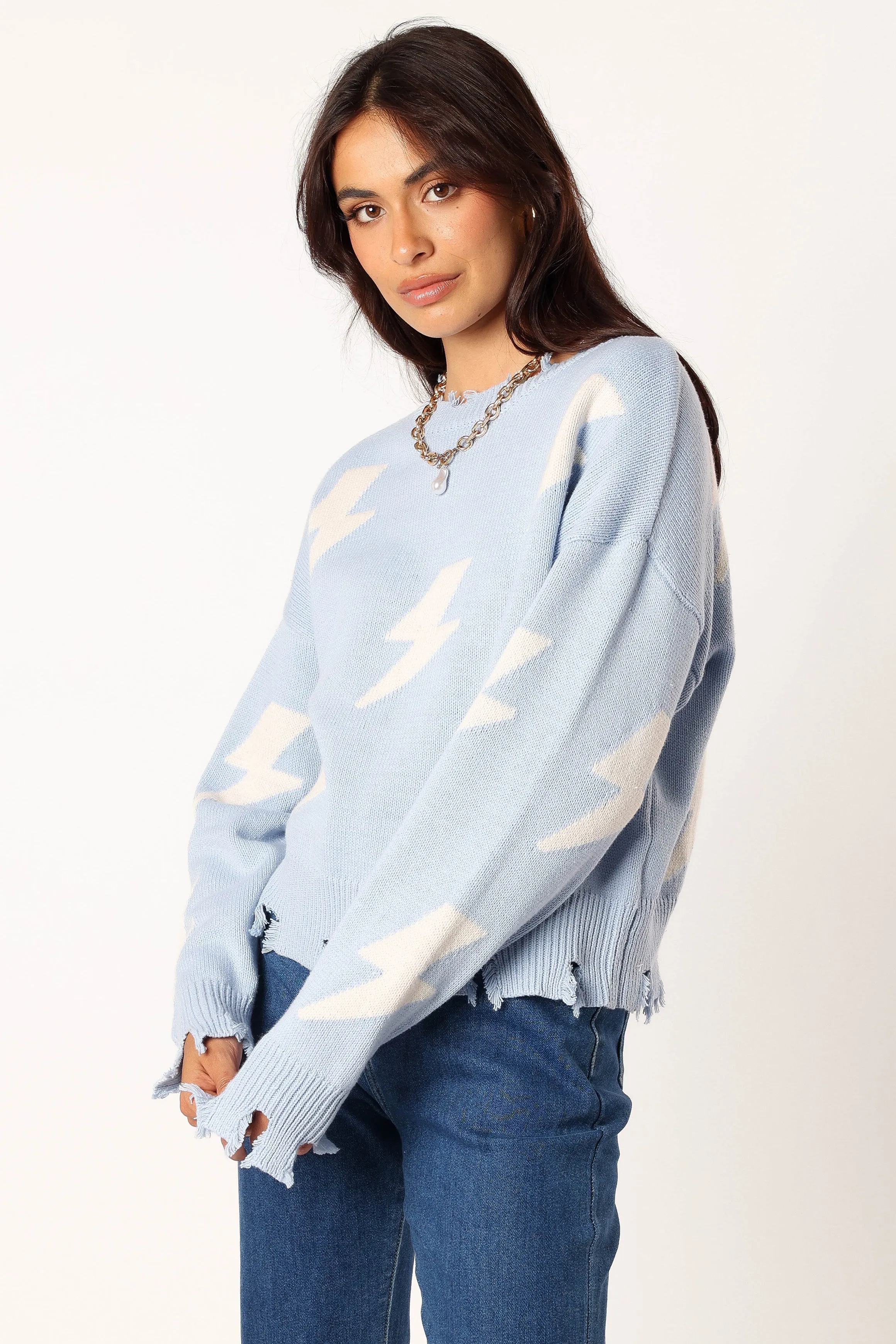 Lightning Bolt Printed Fray Detail Knit Sweater - Light Blue Tubular Knit Structure Modern Texture