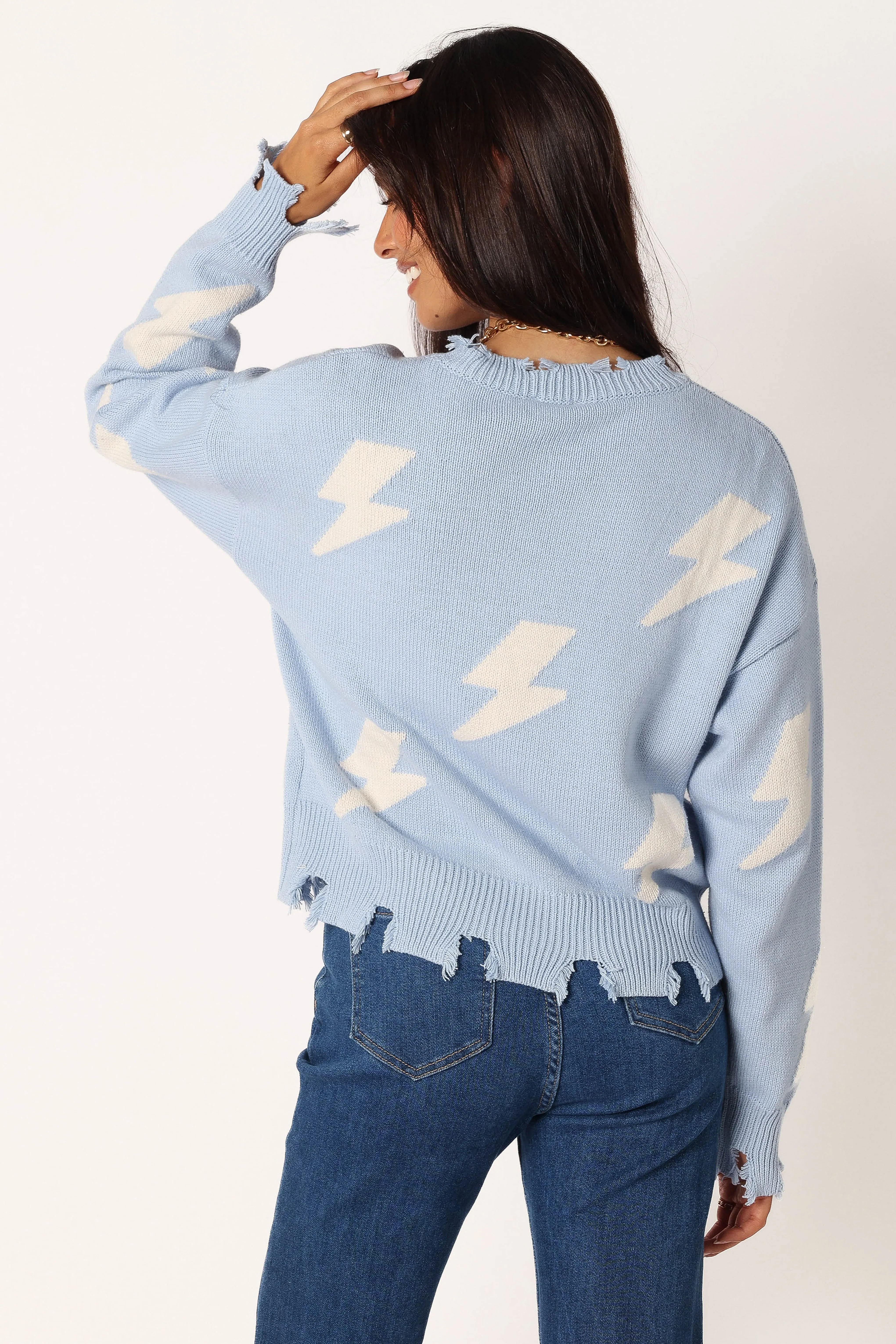 MoistureWicking Textured Weave Daily Casual Lightning Bolt Printed Fray Detail Knit Sweater - Light Blue