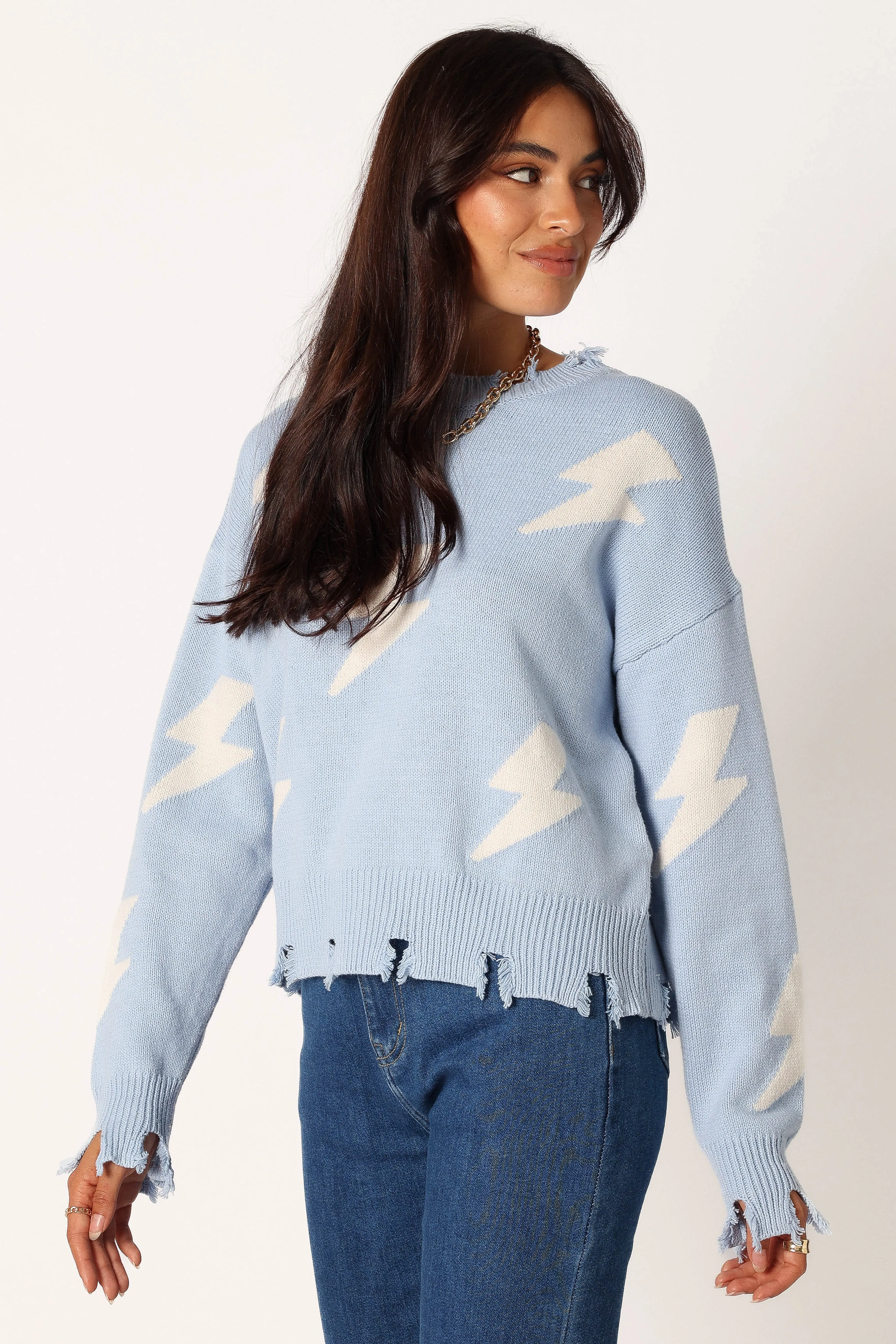 KnitCuff Reinforcements Lightning Bolt Printed Fray Detail Knit Sweater - Light Blue