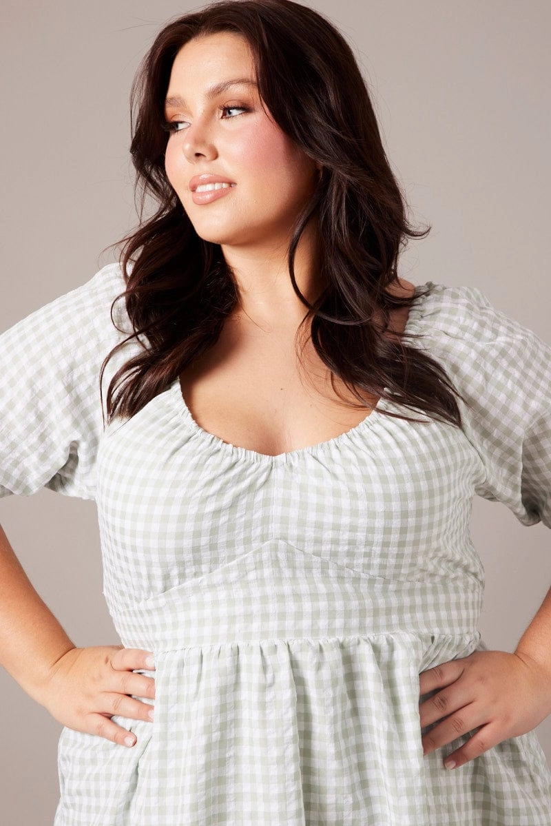 All-Purpose Wear Rhinestone-Detail Green Check Tiered Mini Dress Shirred Back With Pockets