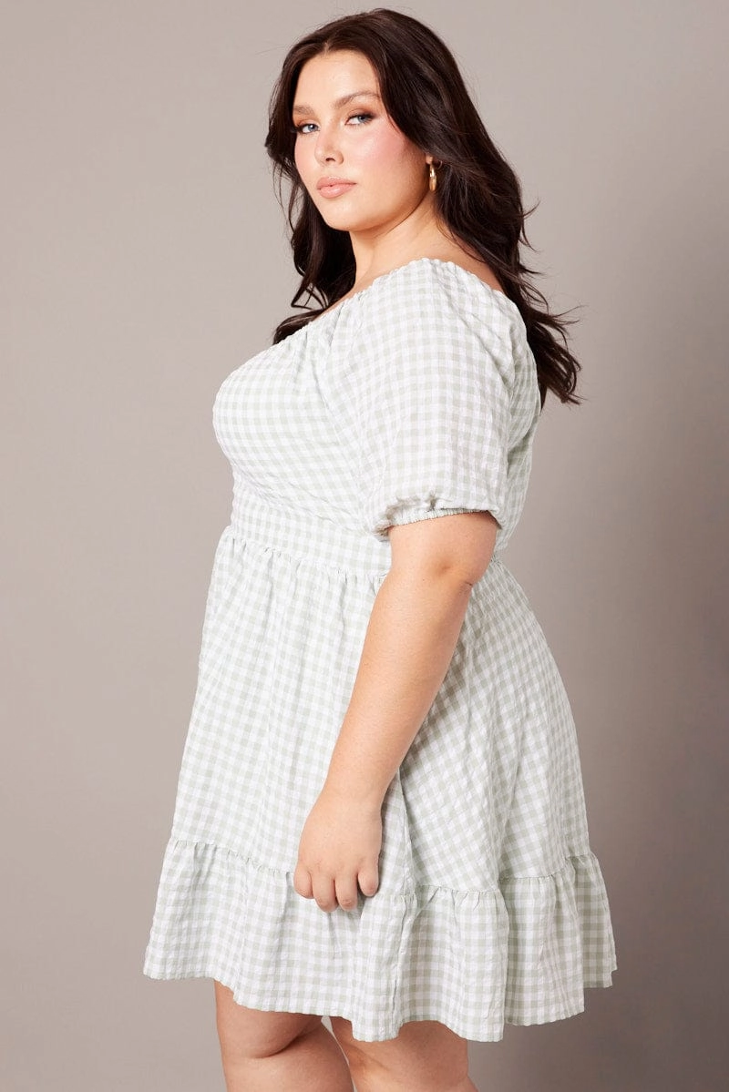 Street Flex Embroidered-Sleeve Green Check Tiered Mini Dress Shirred Back With Pockets