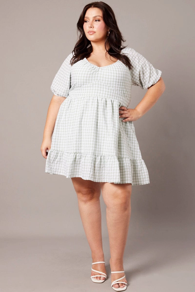 Green Check Tiered Mini Dress Shirred Back With Pockets Fresh Aesthetic