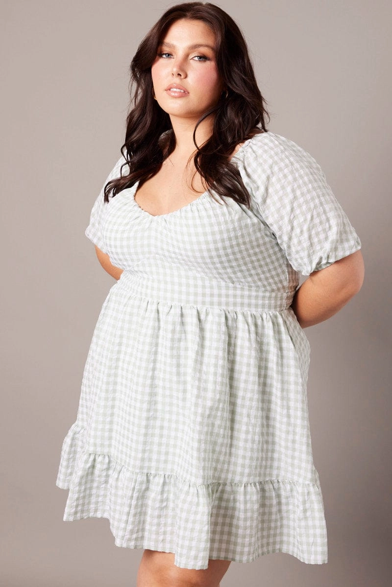 Green Check Tiered Mini Dress Shirred Back With Pockets Classic and Modern