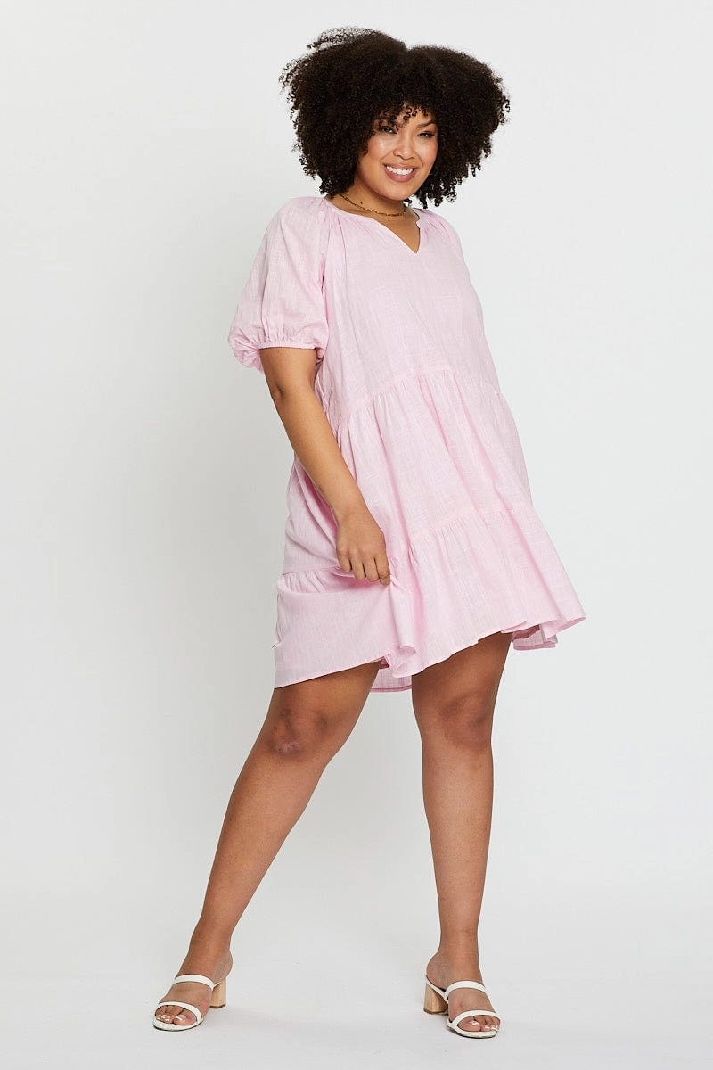 Pink Puff 3/4 Sleeve Textured Cotton Pink Layer Dress Bless Glow Special-Occasion