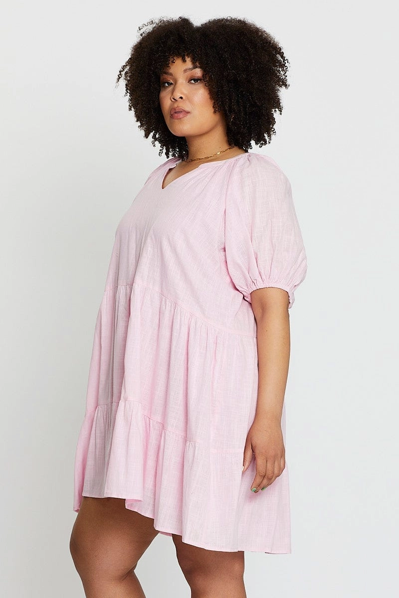 petite size Pink Puff 3/4 Sleeve Textured Cotton Pink Layer Dress