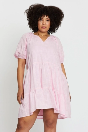 Pink Puff 3/4 Sleeve Textured Cotton Pink Layer Dress Day-To-Night Wear