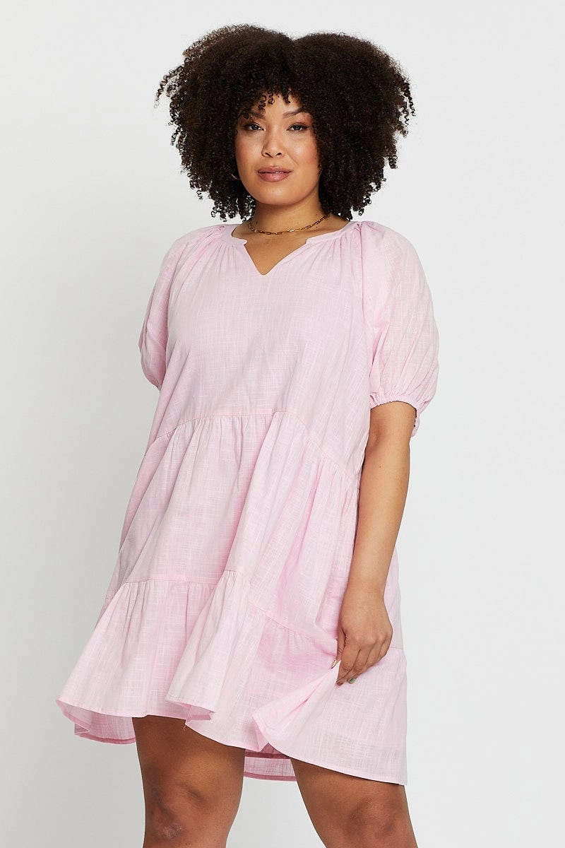 Pink Puff 3/4 Sleeve Textured Cotton Pink Layer Dress Sophisticated and Relaxed Breathable Style