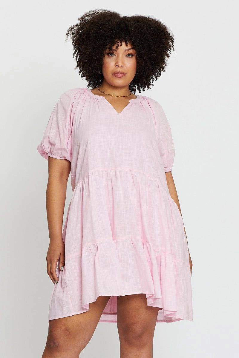 Pink Puff 3/4 Sleeve Textured Cotton Pink Layer Dress Day-To-Night Wear