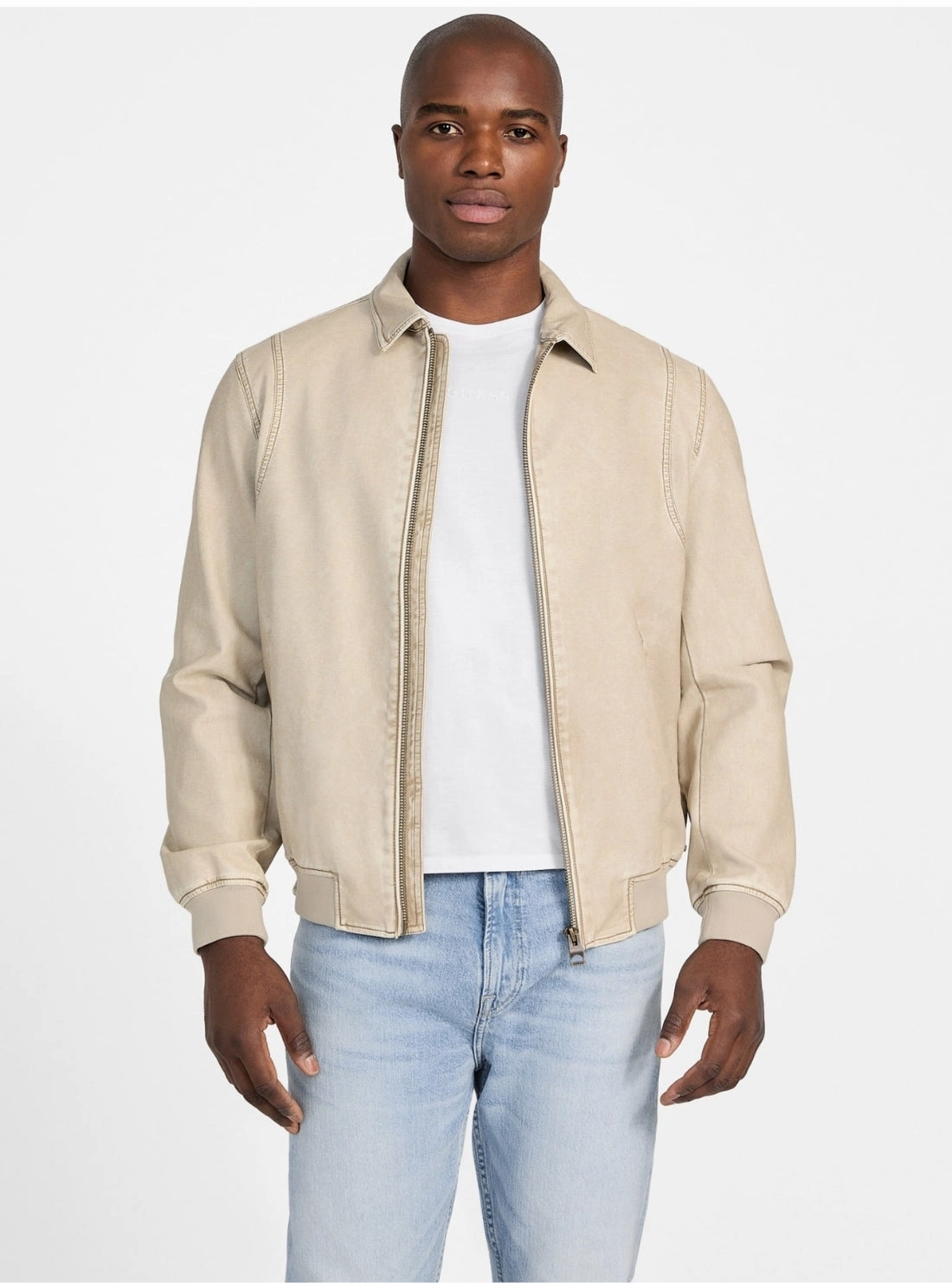 Beige Faux-Leather Aviator Bomber Jacket Soft Touch Texture