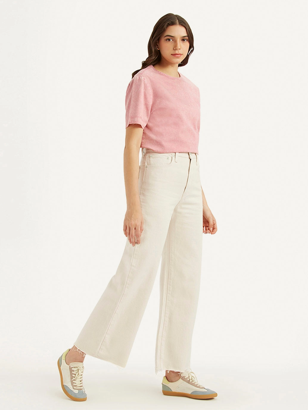 Women's Cream Ribcage Bell Bottom Wide Leg Fit High Rise Jeans Low Impact Manufacturing