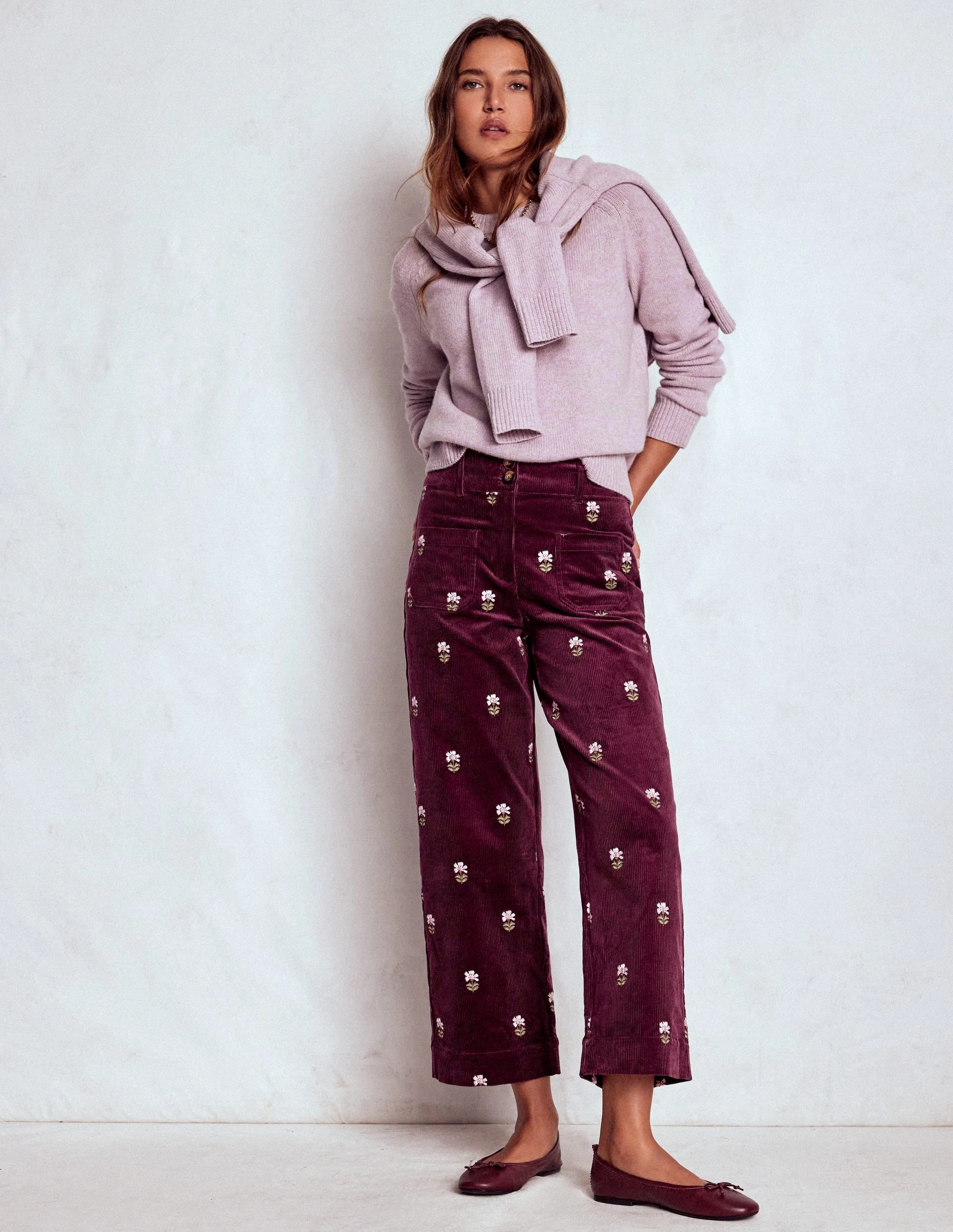 Flexible Motion Primrose Cord Trousers-Dark Cherry Embroidery