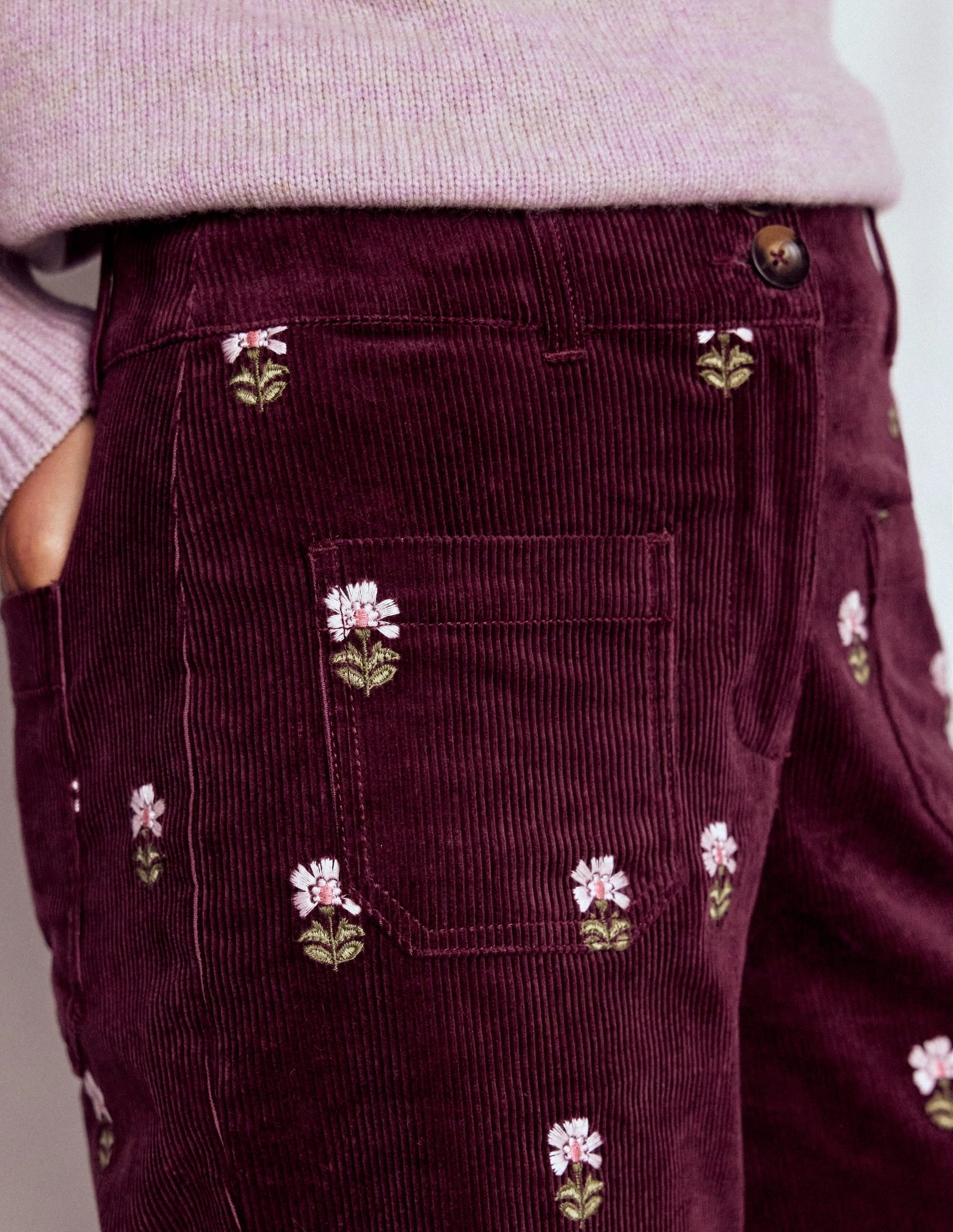 Seasonless wear Smart Motion Primrose Cord Trousers-Dark Cherry Embroidery