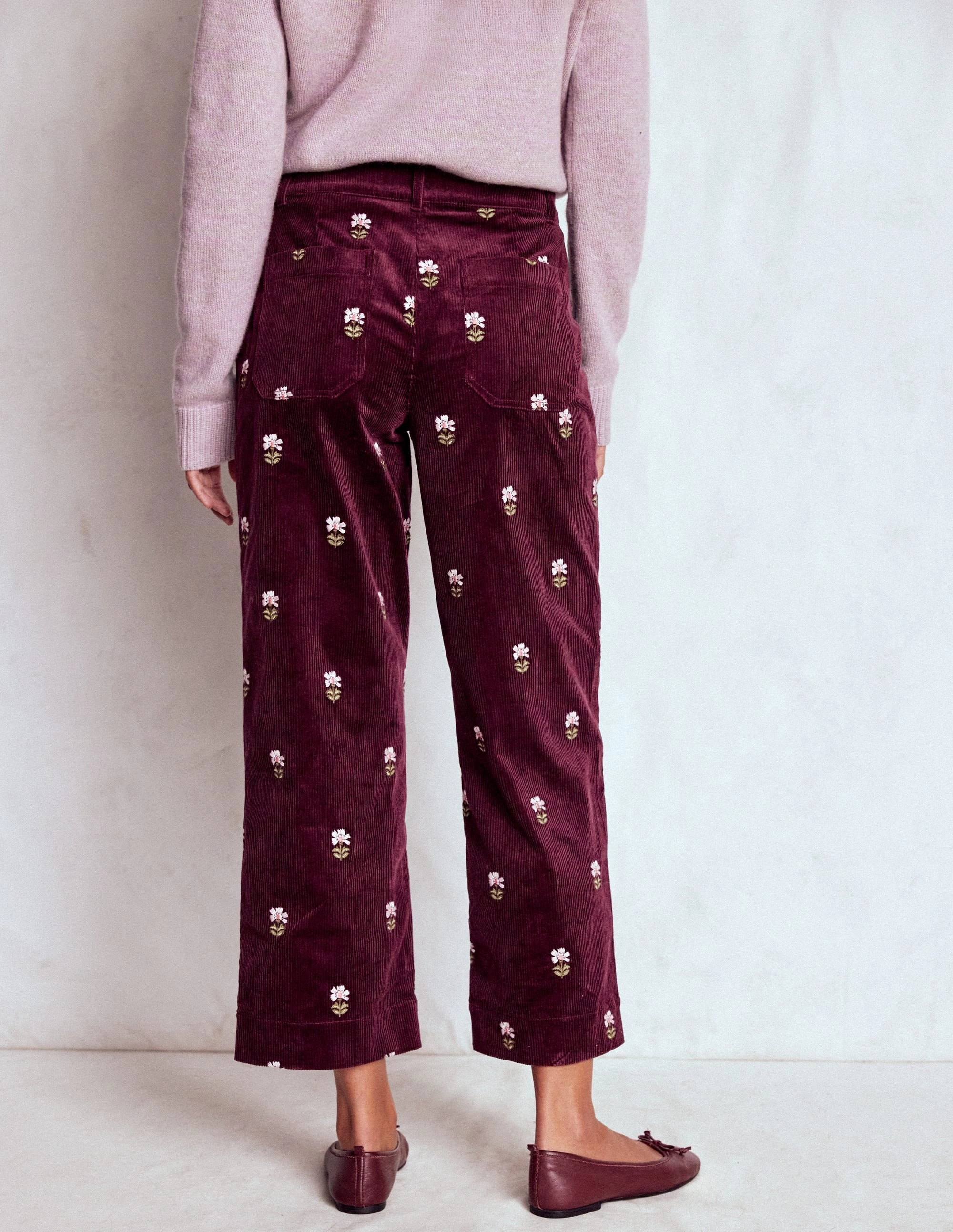 Primrose Cord Trousers-Dark Cherry Embroidery No Frills Fit Minimal Comfort