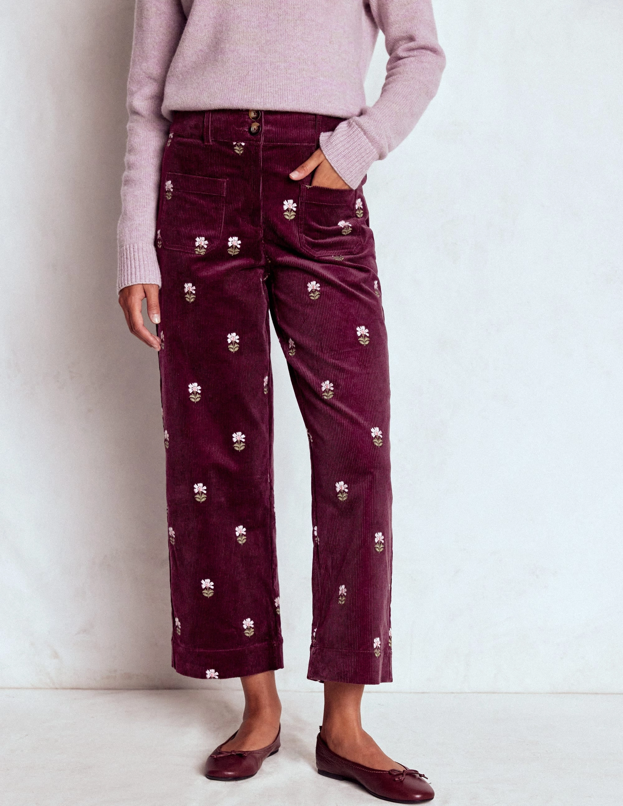 Breathable Wear Fit Primrose Cord Trousers-Dark Cherry Embroidery
