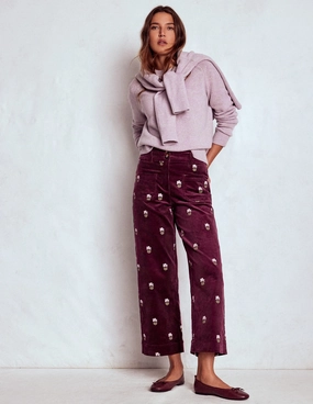 Flexible Motion Primrose Cord Trousers-Dark Cherry Embroidery