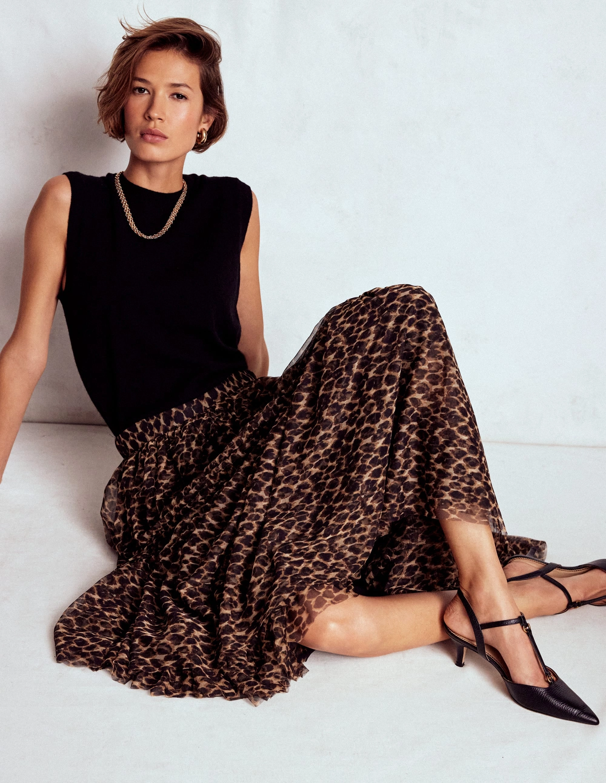 Matching Belt Anna Tulle Midi Skirt-Leopard
