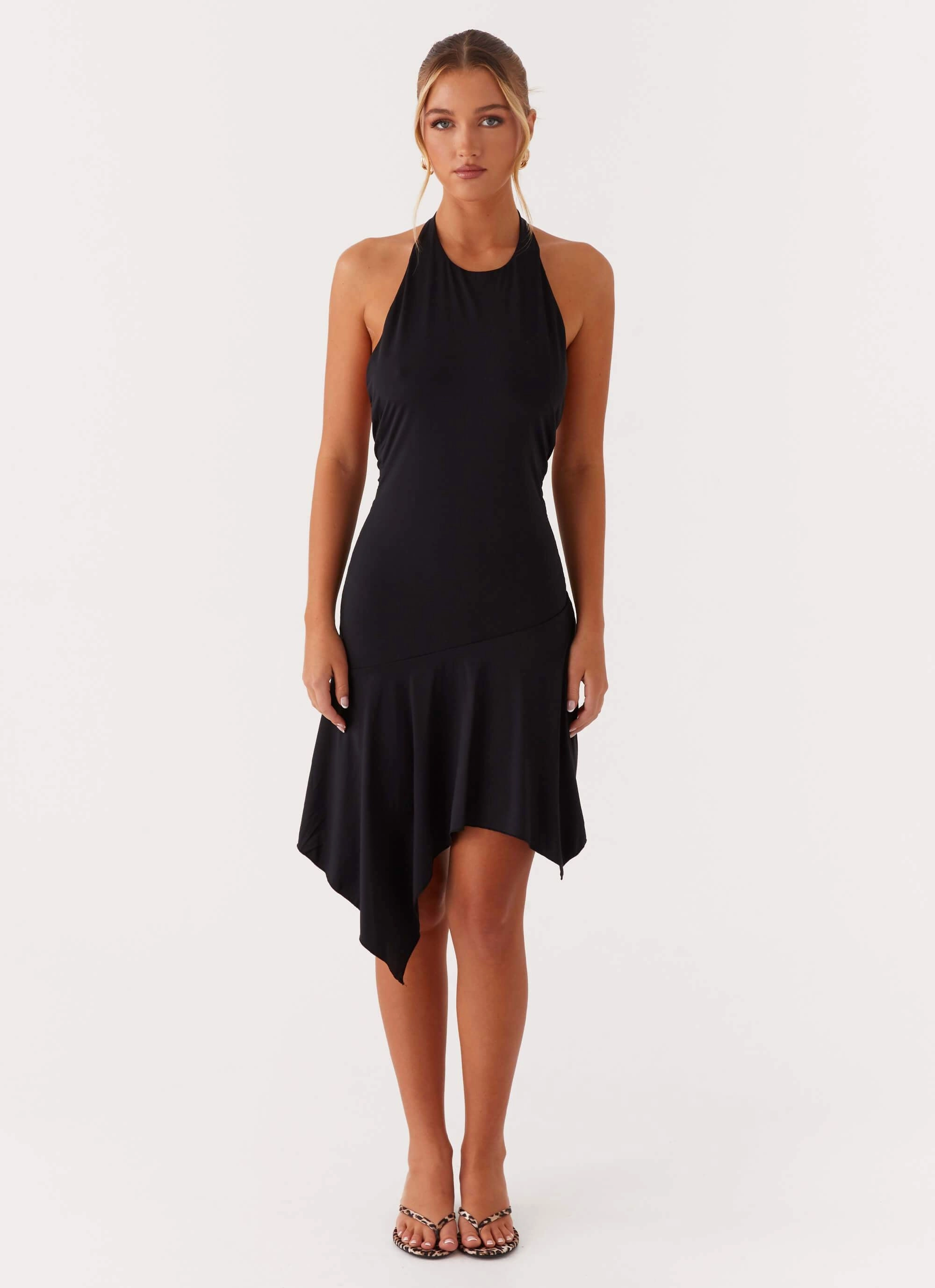 Lilyana Low Back Halter Midi Dress - Black Silk Shine