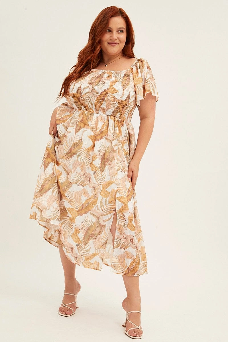 Yellow Floral Midi Dress Short Sleeve Shirred Back Tie Dress Smooth Motion Comfy and Cozy