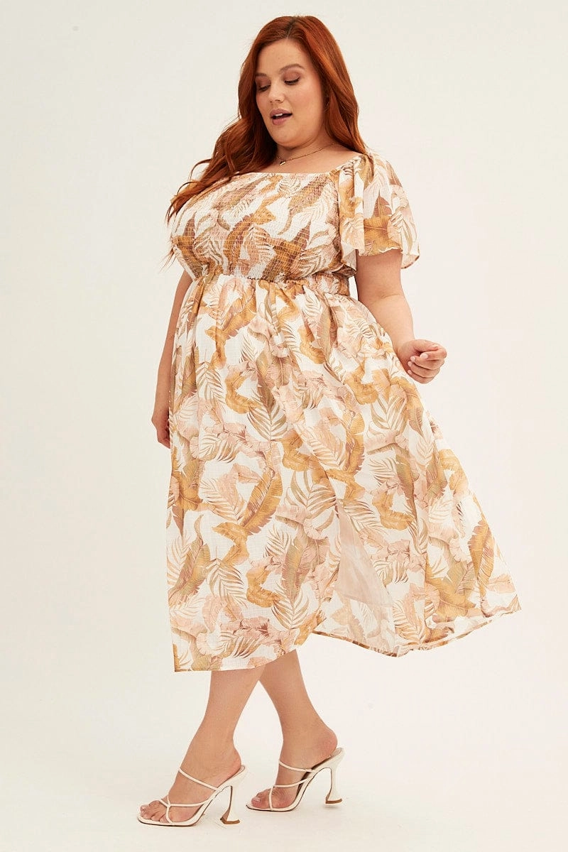 Yellow Floral Midi Dress Short Sleeve Shirred Back Tie Dress Piped-Edge Work Ease