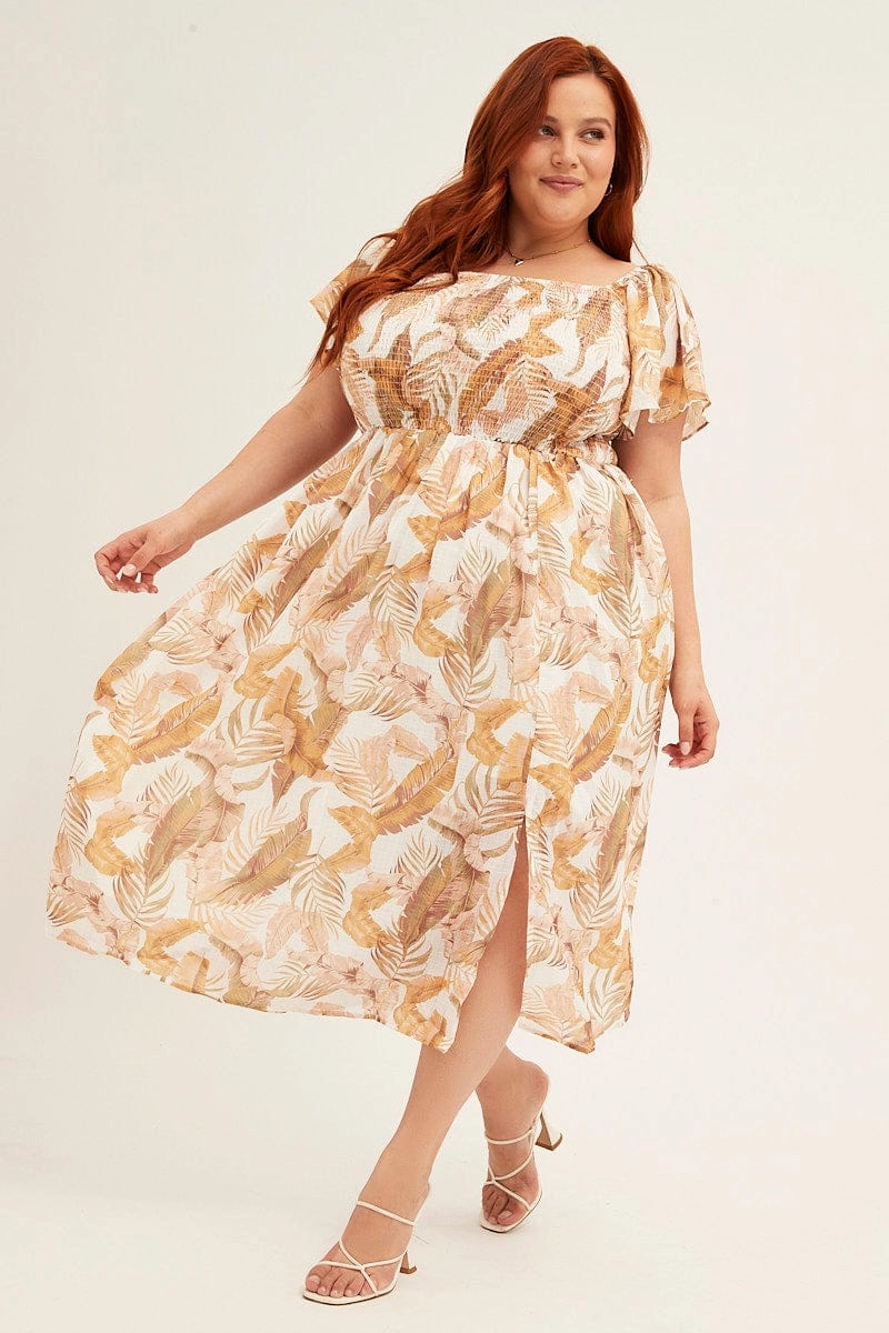 museum visit Yellow Floral Midi Dress Short Sleeve Shirred Back Tie Dress