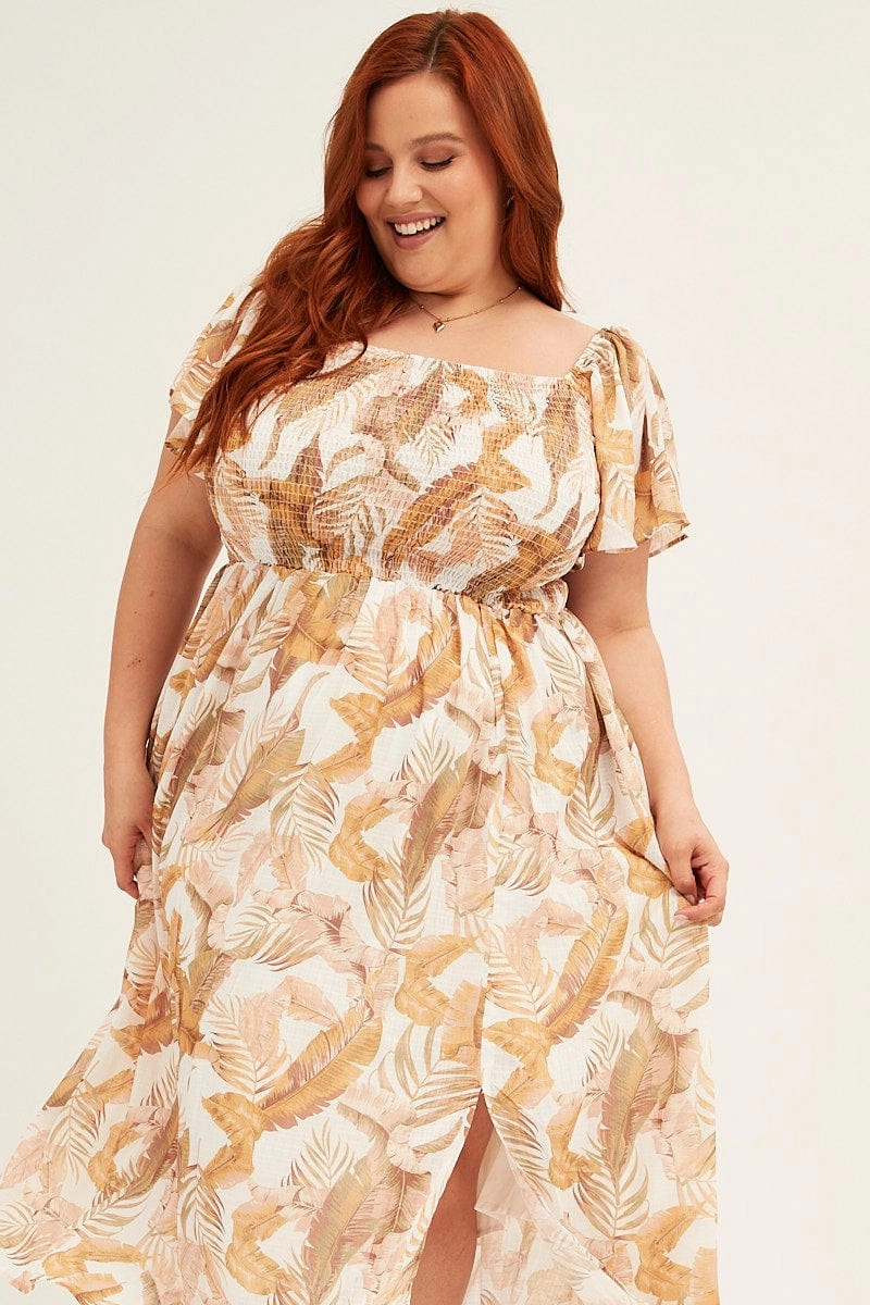 Yellow Floral Midi Dress Short Sleeve Shirred Back Tie Dress UVProtectiveLayer Maternity-Fit