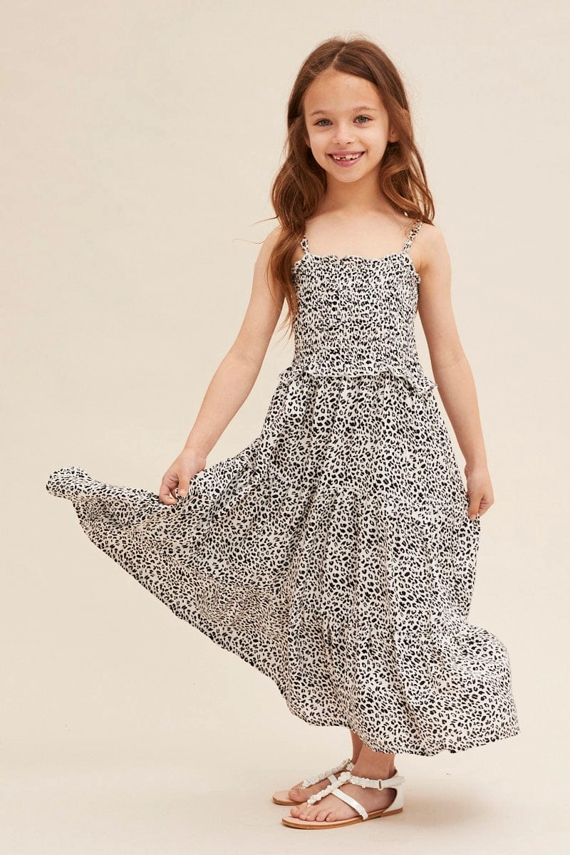 Tactile Feel Animal Print Kids Midi Dress Singlet Tiered