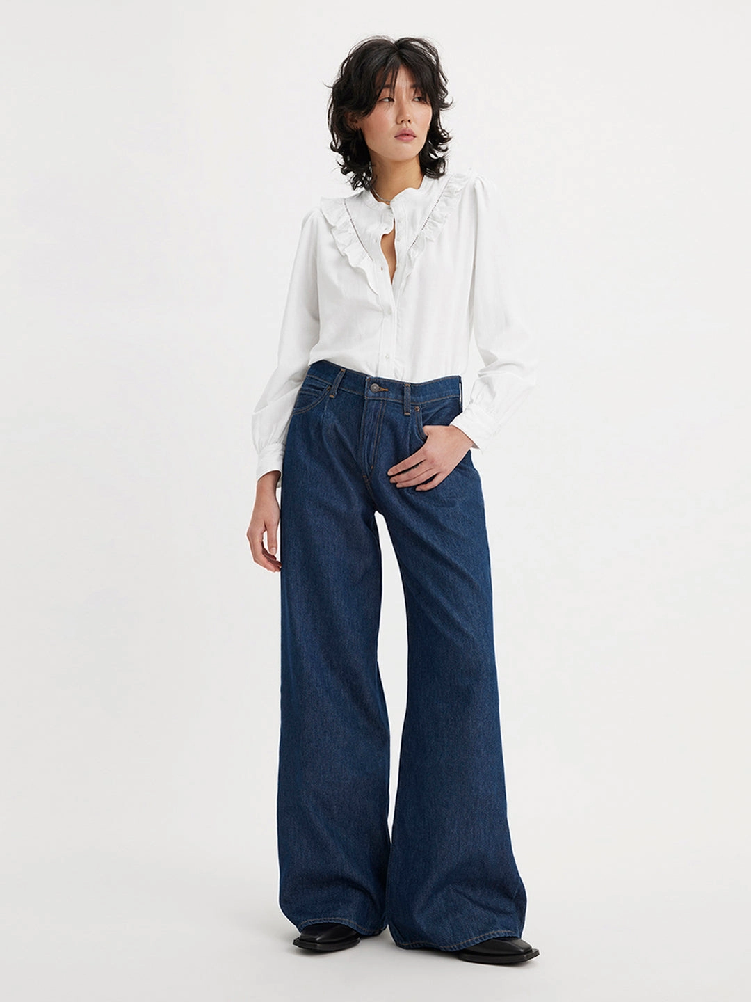 Spring Mood Trendy Smart Comfort Women's Navy Blue Baggy Dad Wide Leg Fit High Rise Jeans