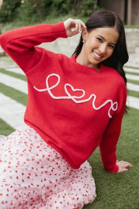 Love Embroidered Knit Sweater - Red Reinforced Neckline Stitching