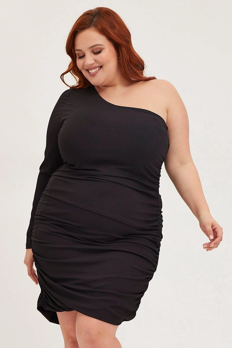 Classic and Modern Travel Option Black Bodycon Dress One Shoulder Long Sleeve Jersey
