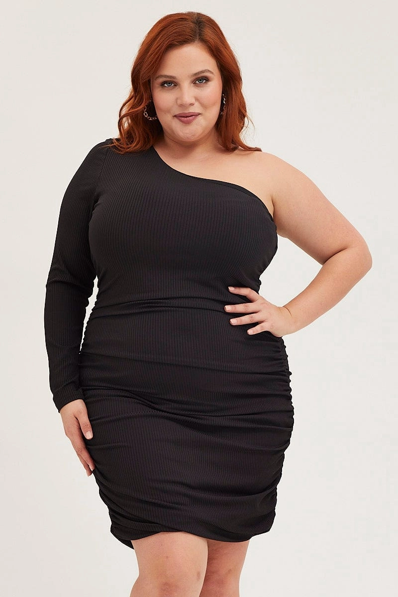 Artistic Shape Black Bodycon Dress One Shoulder Long Sleeve Jersey