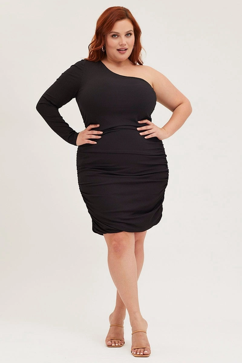 Black Bodycon Dress One Shoulder Long Sleeve Jersey Soft Weave