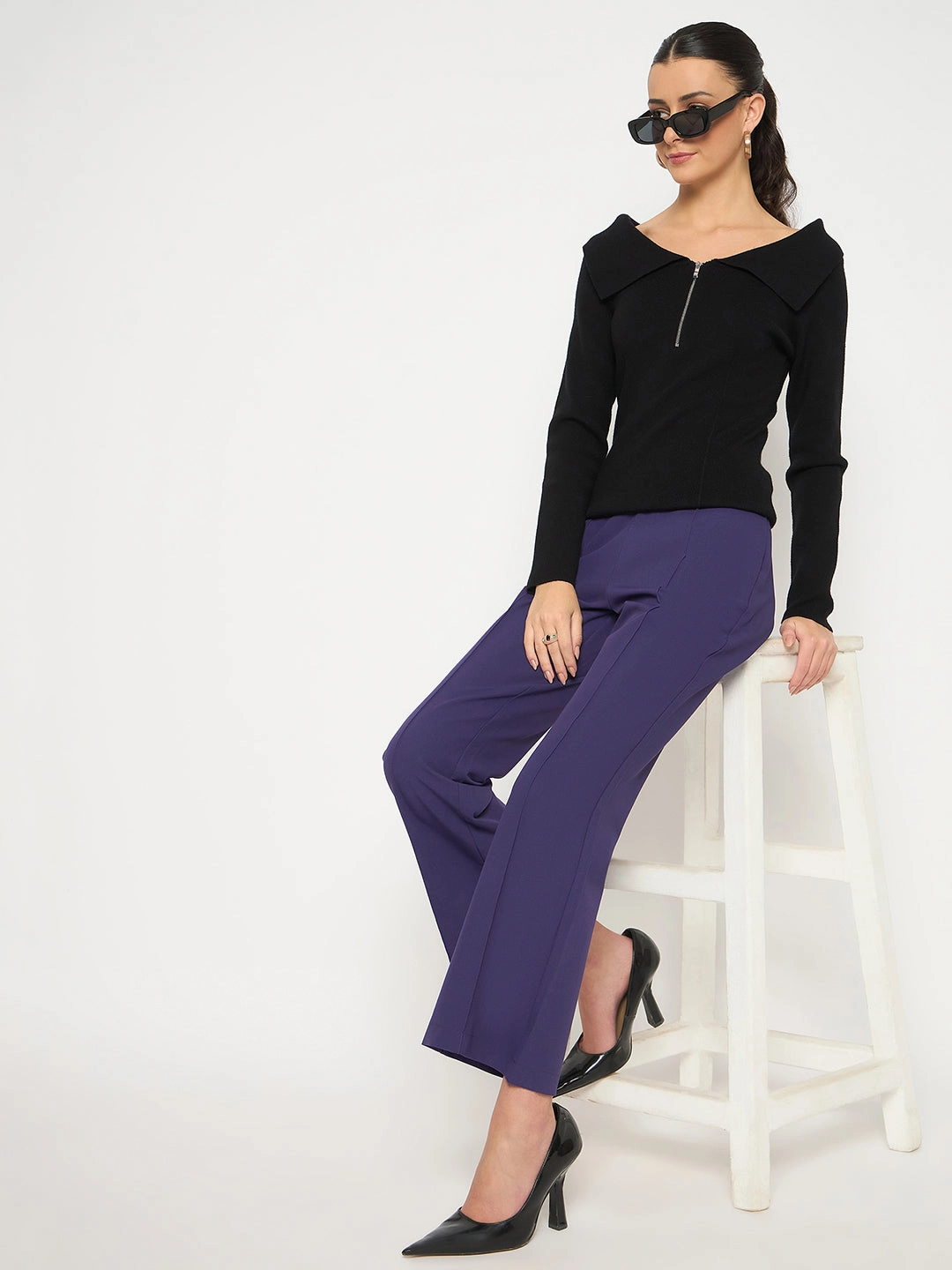 Madame Pleated Flared Purple Trousers Non Restrictive Fit