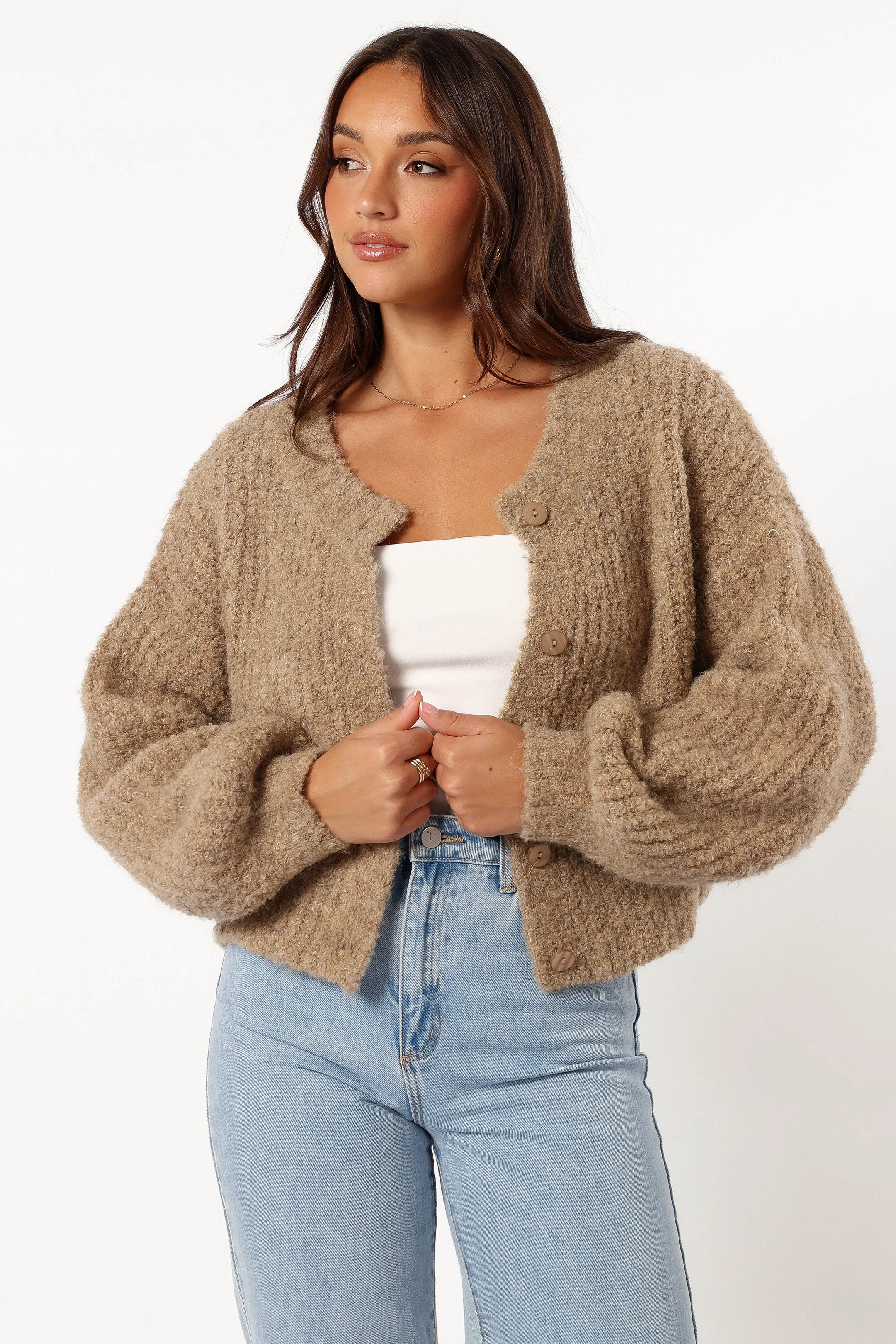 Office Layer Stretch Ribbing Albertine Cardigan - Latte