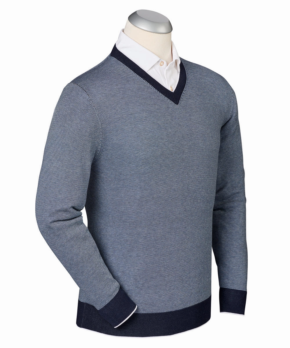 Luxe 100% Mercerized Cotton Hairline Stripe V-Neck Sweater Layer Trend