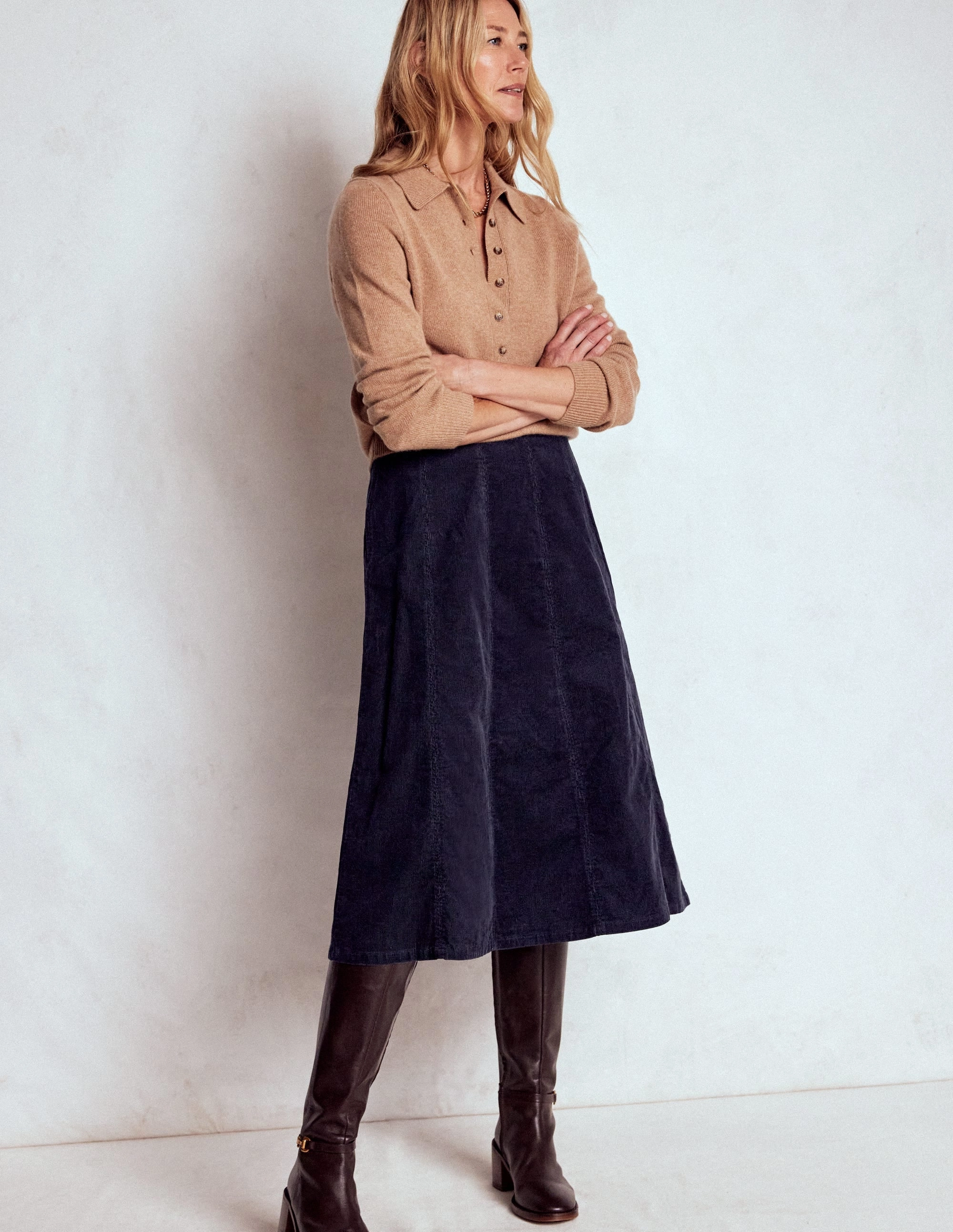 Joy Cord Midi Skirt-Navy Foldable Design