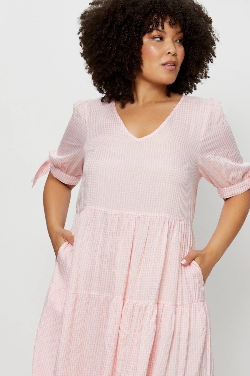 Check Midi Dress V-neck Short Sleeve Sculpted Detail Fit Choice