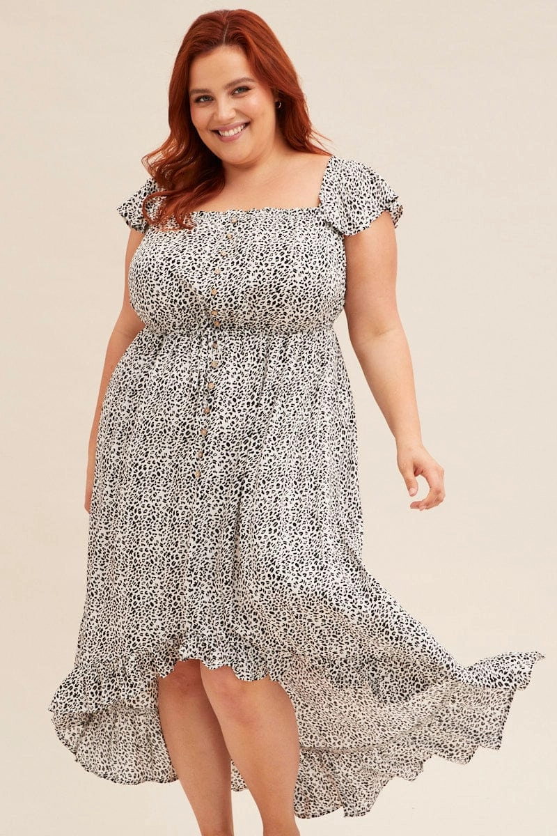 Square Neck Animal Print Midi Dress Short Sleeve Shirred Off Shoulder